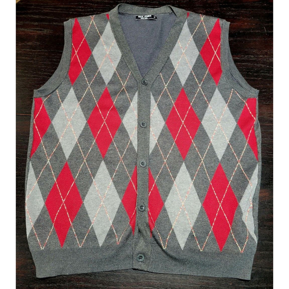 Paul Jones Mens Sweater Vest Cardigan Button Front Knitwear Gray Red Argyle XL - Picture 1 of 3